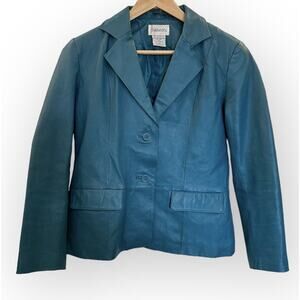 Vintage 90s Chadwick’s Womens 6P Leather Blazer Lined Pockets Jacket Teal Blue